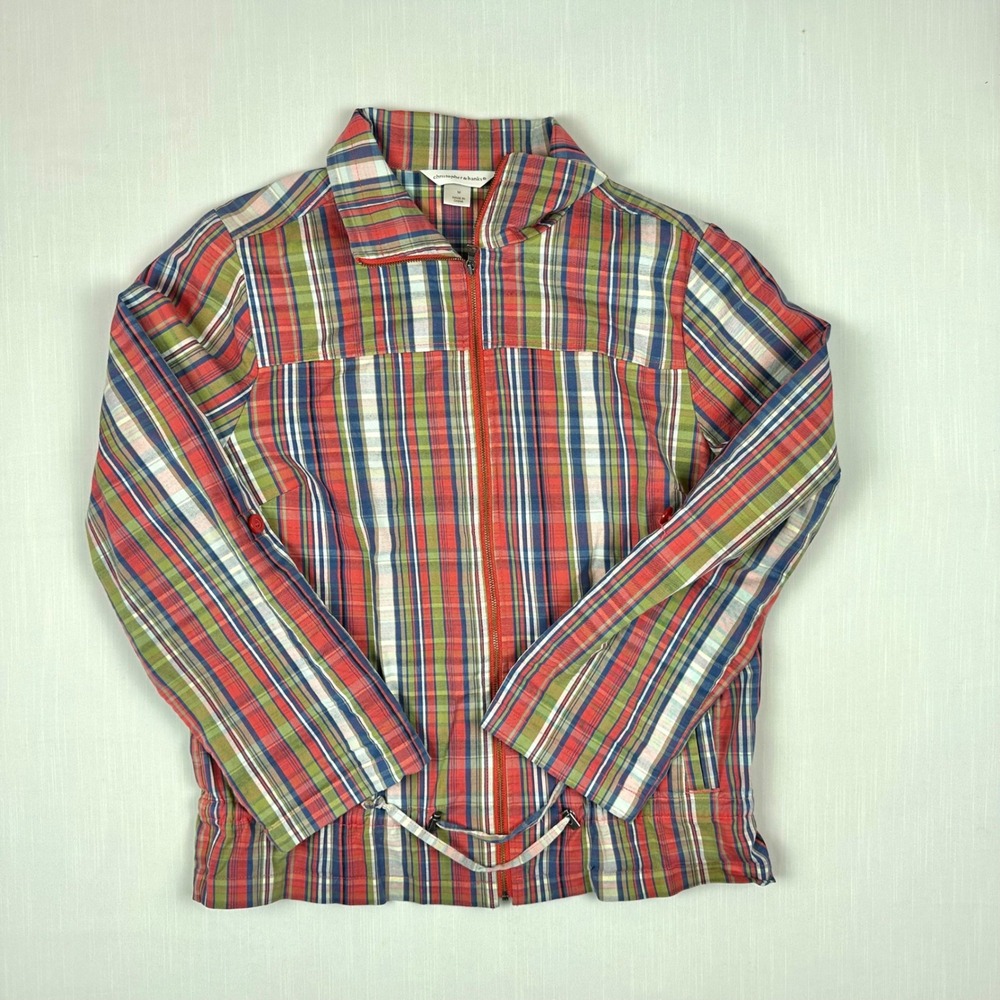 Christopher & Banks Womens Red Green Plaid Full Zip Roll Tab Sleeve Jacket M
